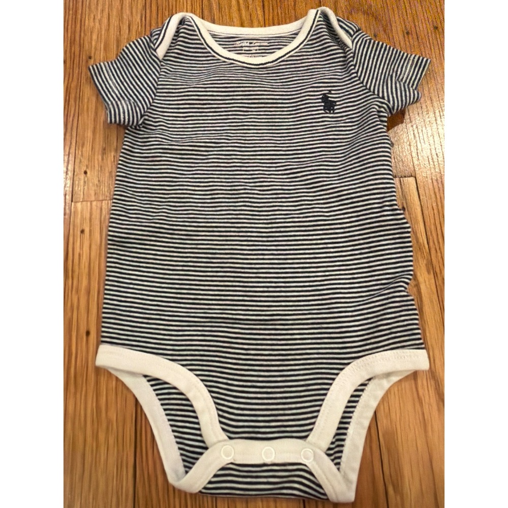 Ralph Lauren Baby Bodysuit Navy Blue White Striped Pony Logo 6M Short Sleeve